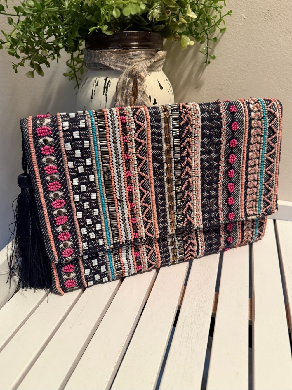 La Sera by Franchi Boho Style Beaded Tapestry Clutch with Embroidery Tassel EUC